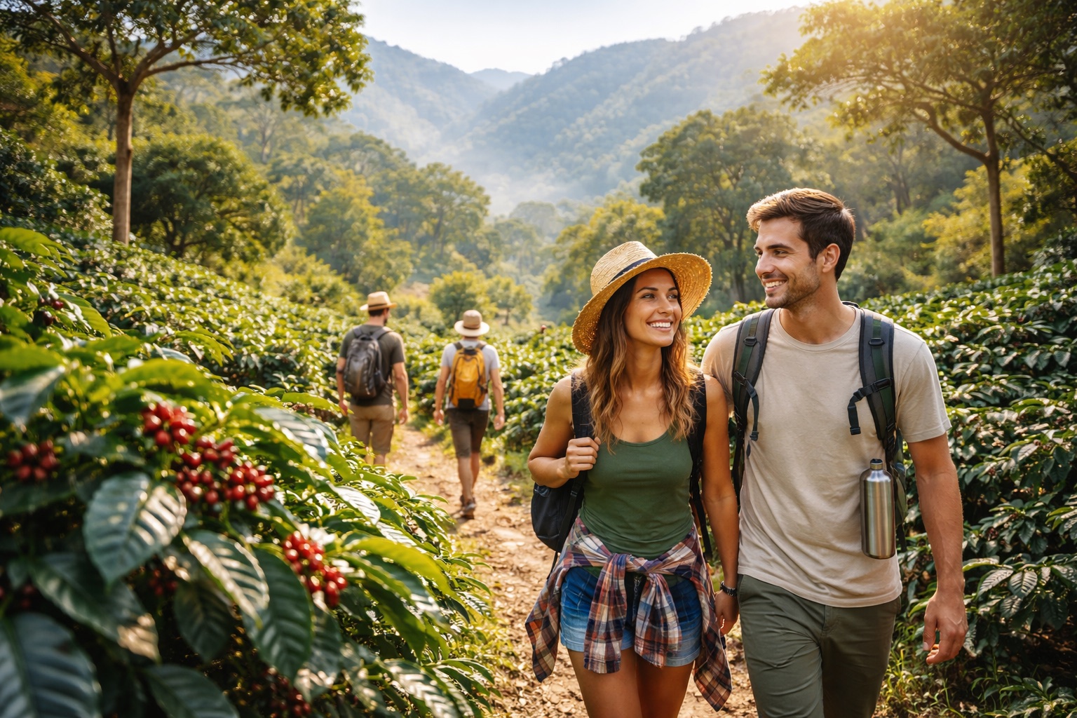 Visitantes caminando entre los cafetales de Finca ECO3